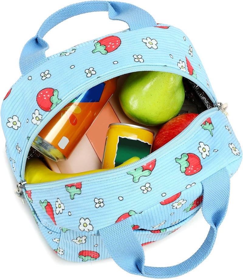 LEDAOU Lunch Box for Women Insulated Lunch Bag Corduroy Lunch Tote Bags Leakproof Cooler Lunch Case for Travel Work Picnic (Blue Strawberry) - Image 3
